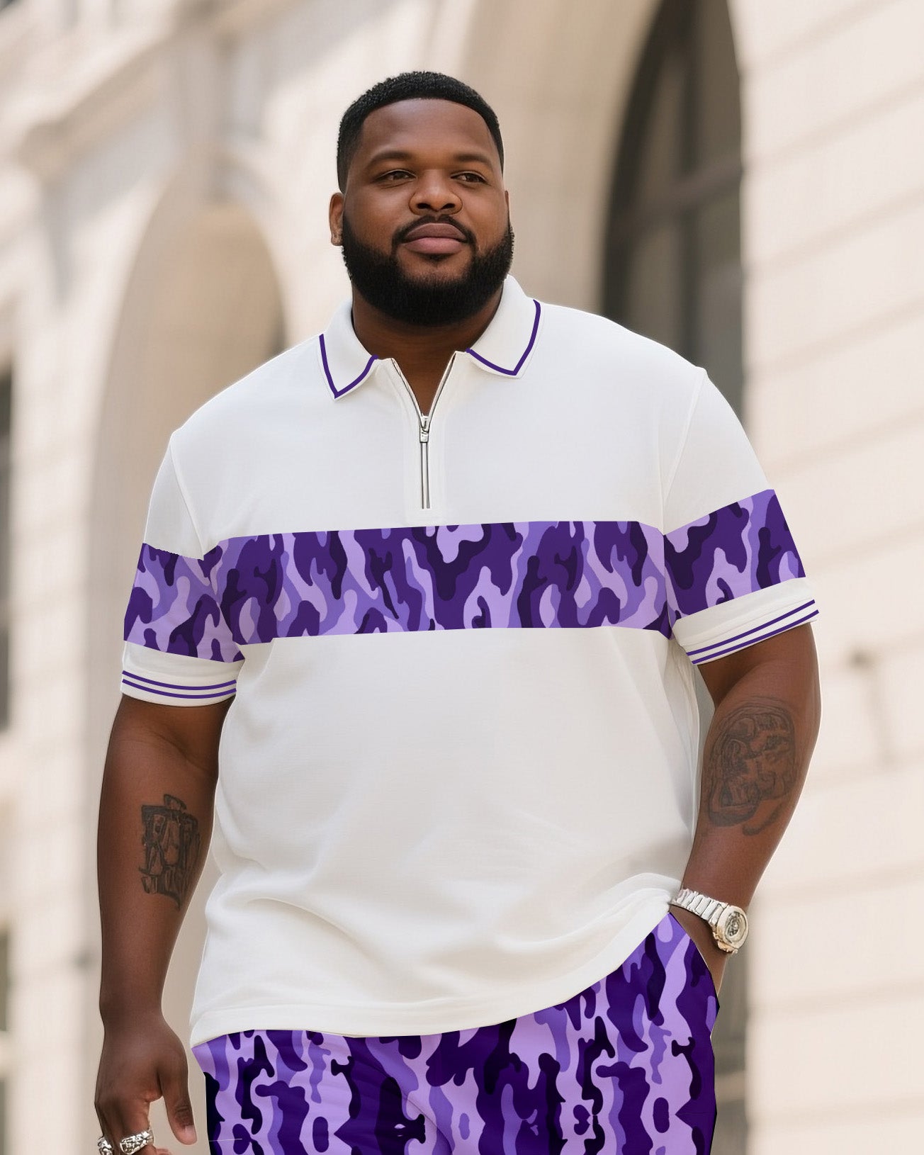 Big & Tall Men's Business Daily Casual Camouflage Original Design Polo Shirt Striped Short Sleeve Zipper Polo Shirt Shorts Suit