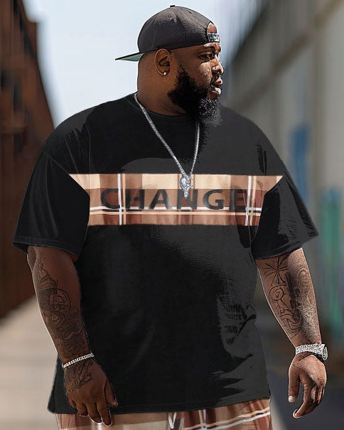 Men's Large-size Street Color-blocked Retro Plaid Hip-hop Casual Two-piece Set