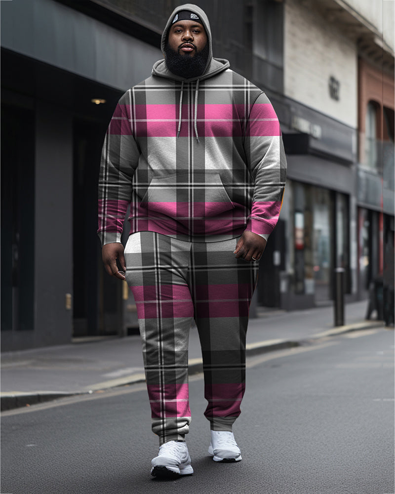 Men's Large Size Pink And Gray Plaid Diamond Casual Hoodie And Sweatpants Two-Piece Set