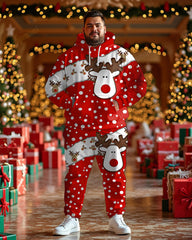 Big and Tall Men's Christmas Red Elk Dot Print Hoodie Set