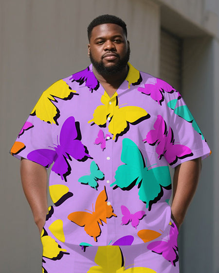 Big Men's Cartoon World Butterfly Silhouette Printed Casual Short-Sleeve Shirt Pants Sets
