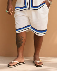 Big Men's Vacation Casual Bohemian Style Blue Striped Edge Textured White Short Sleeve Shirt Shorts Suit