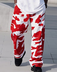 Plus Size 1 L-9L Men's Red And White Fashion Printed Casual Short-sleeved T-shirt Pants Suit