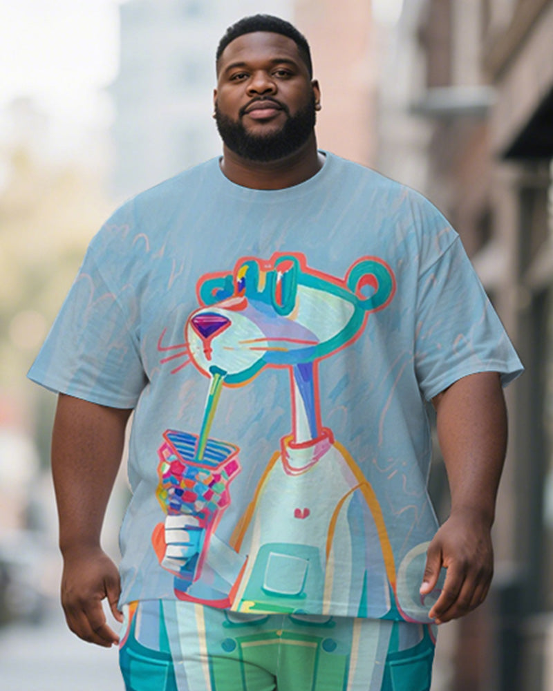 Men's Plus Size Blue Graffiti Milk Tea Leopard Print Short-sleeved T-shirt Shorts Suit
