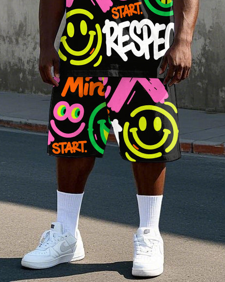Big Men's Hip Hop Letter Smiley Face Graffiti Street Fashion Short Sleeve T-Shirt Shorts Set
