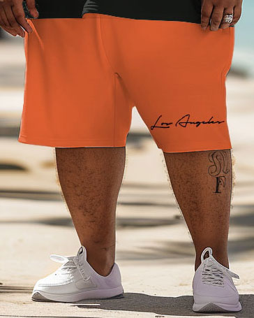Big Men Hawaiian Coconut Tree Sunset Alphabet Print T-Shirt Shorts Set