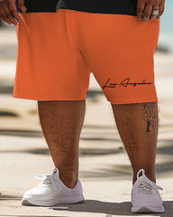 Big Men Hawaiian Coconut Tree Sunset Alphabet Print T-Shirt Shorts Set