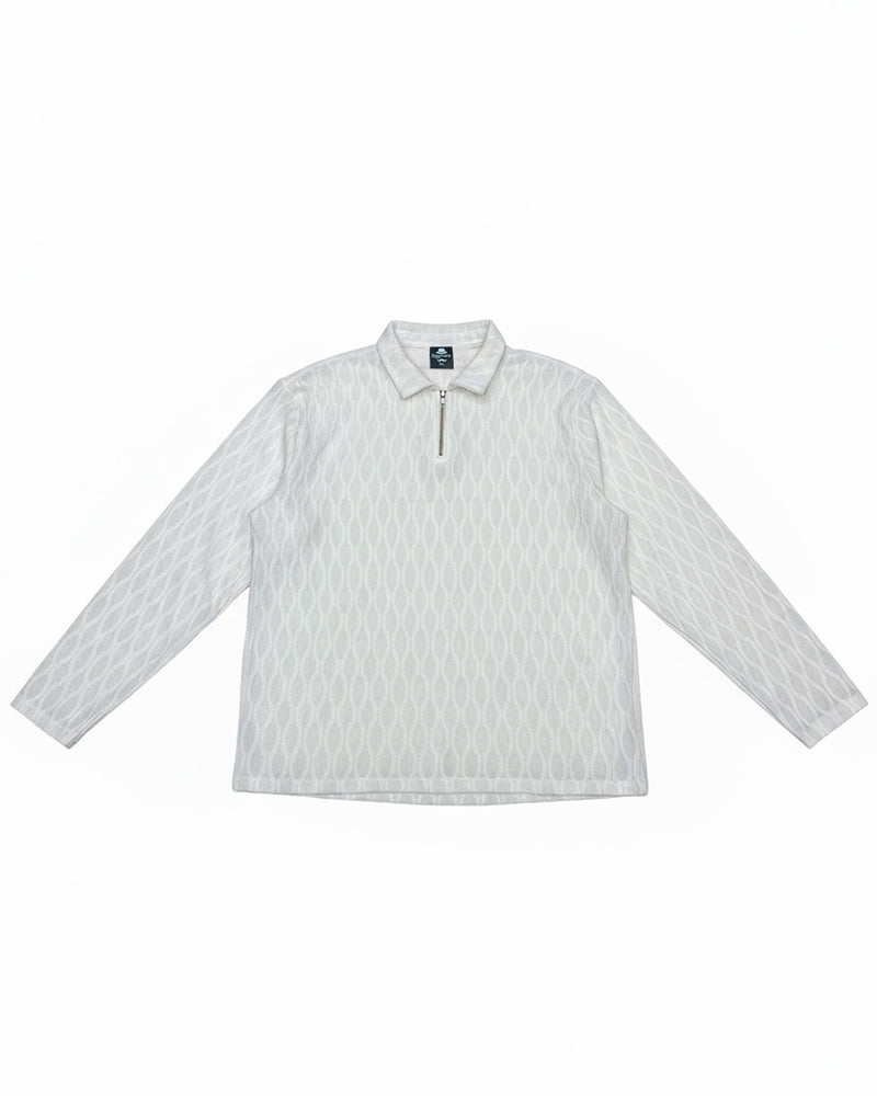Big & Tall Men's White-Autumn And Winter Jacquard Texture Knitted Fabric Metal Zipper Long Sleeve POLO Shirt
