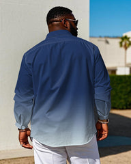 Men's Plus Size Business Blue & White Gradient Print Long Sleeve Shirt