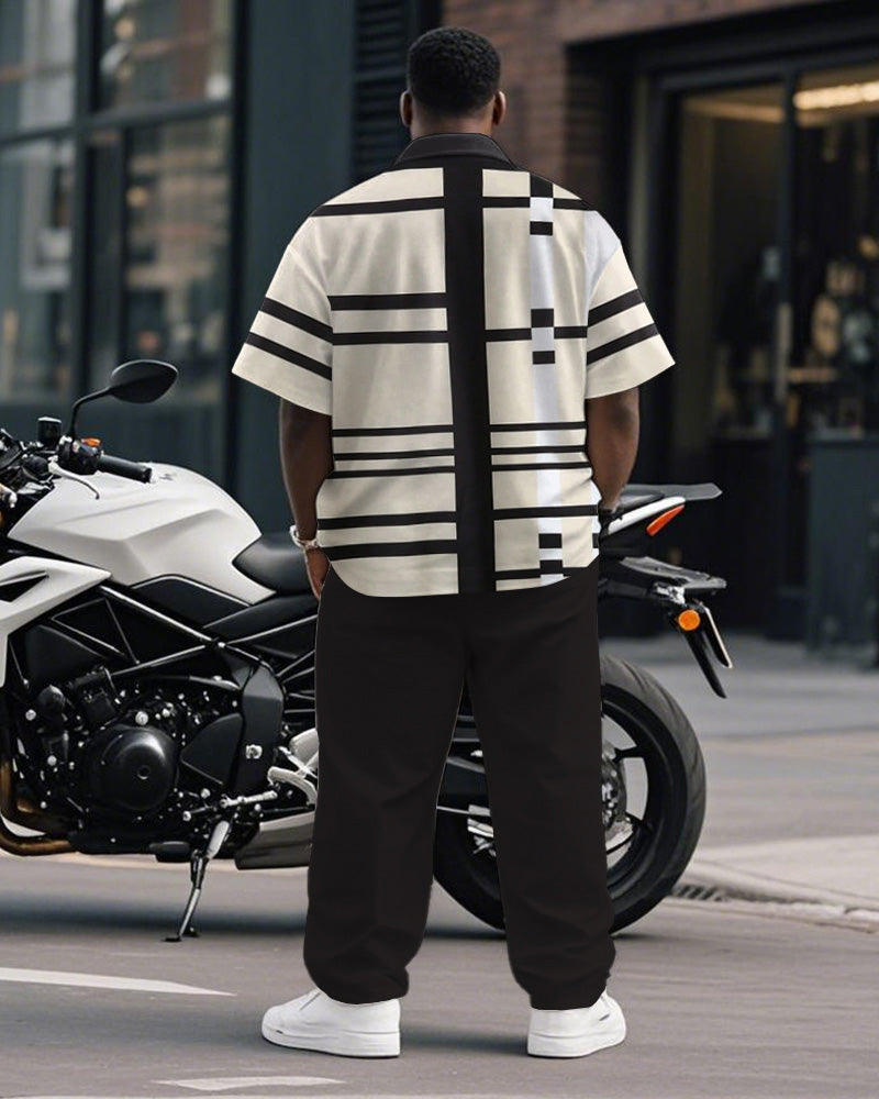 Men's Plus Size Simple Brown Apricot Color-block Striped Printed Short-sleeved Shirt Trousers Suit