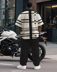 Men's Plus Size Simple Brown Apricot Color-block Striped Printed Short-sleeved Shirt Trousers Suit