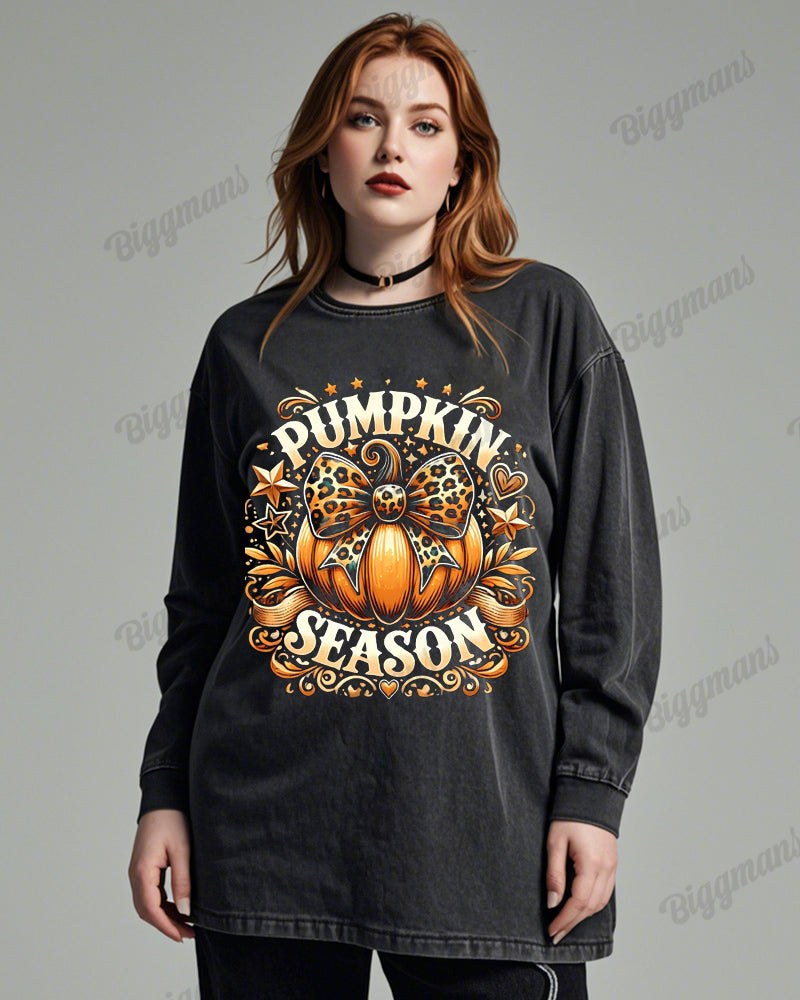 Pumpkin Halloween Printed Wash Cotton Round Neck Long Sleeve Plus Size Top