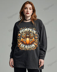 Pumpkin Halloween Printed Wash Cotton Round Neck Long Sleeve Plus Size Top