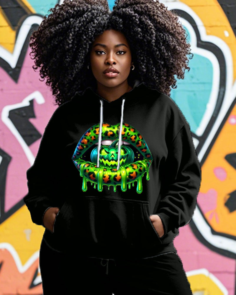 Halloween Personality Lip Print Hoodie Ladies Plus-size Two-piece Set