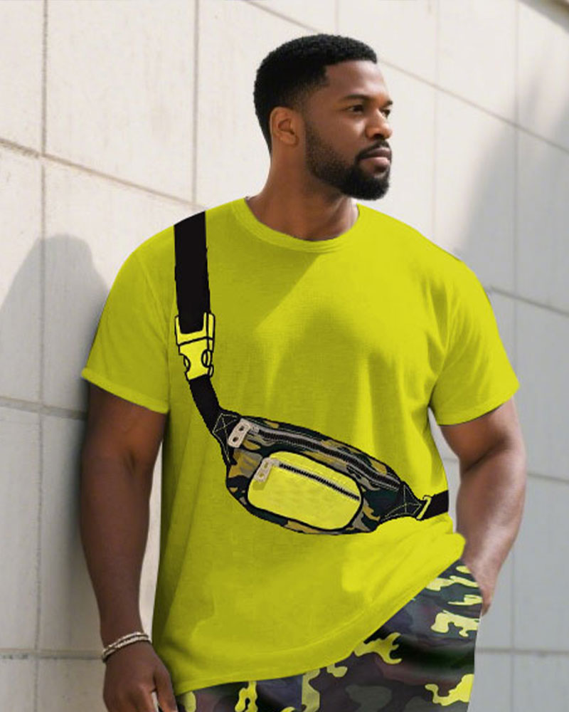 Men's Plus Size Fluorescent Green Camouflage Crossbody Bag Short-sleeved T-shirt Trousers Suit