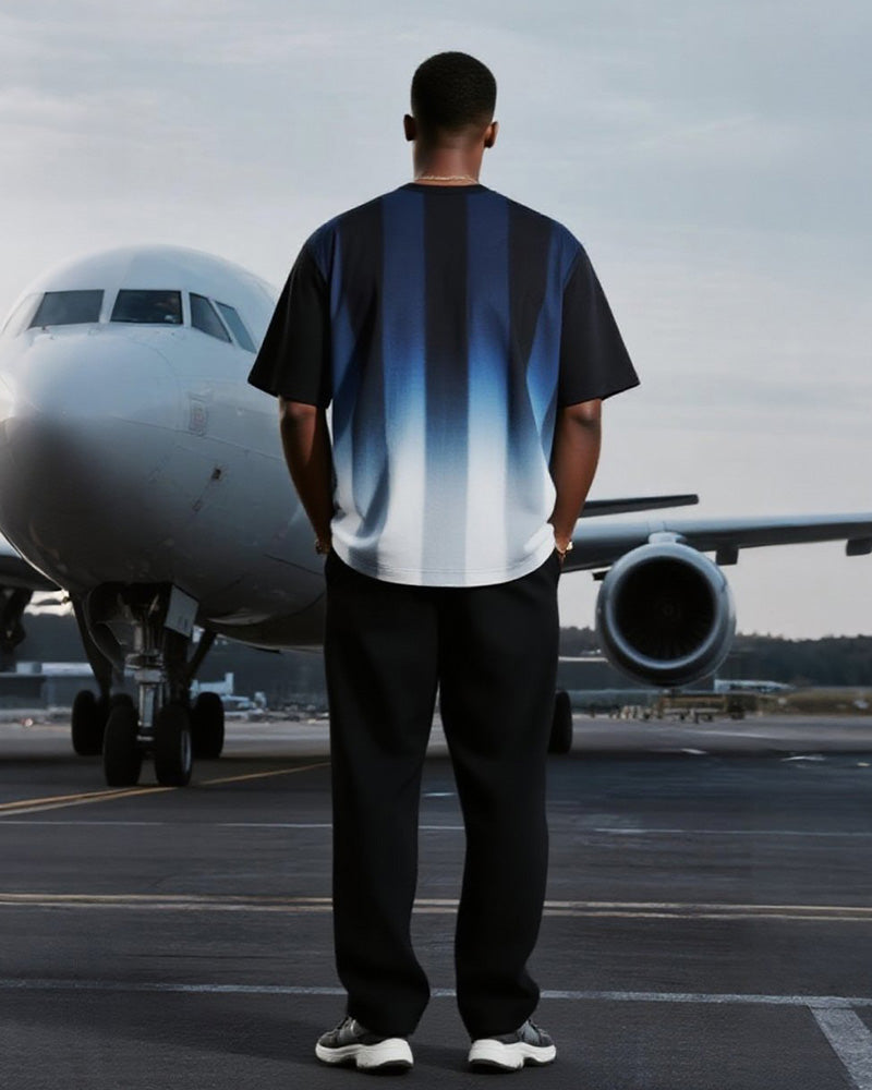 Big & Tall Men's Sport Gradient Blue Stripe Meteor Alphabet Print T-Shirt Pants Suit