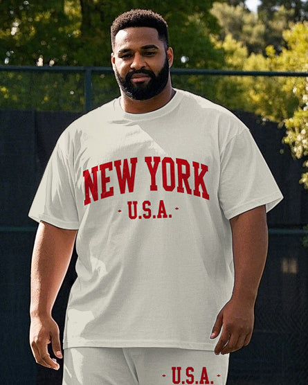 Men's Big & Tall NEW YORK USE Simple Letter Printed Casual Short Sleeve T-shirt Pants Set