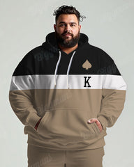 Men's Daily Casual Khaki Colorblock Striped Letter Print Plus Size Hoodie Suit