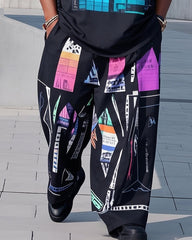 Plus Size 1 L-9L Men's Tetris. Irregular Print Casual Short-sleeved T-shirt Pants Suit