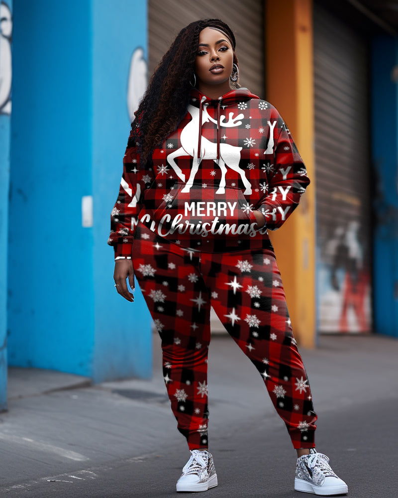Women's Big & Tall Merry Christmas Elk Plaid Hoodie Sweatpants Set