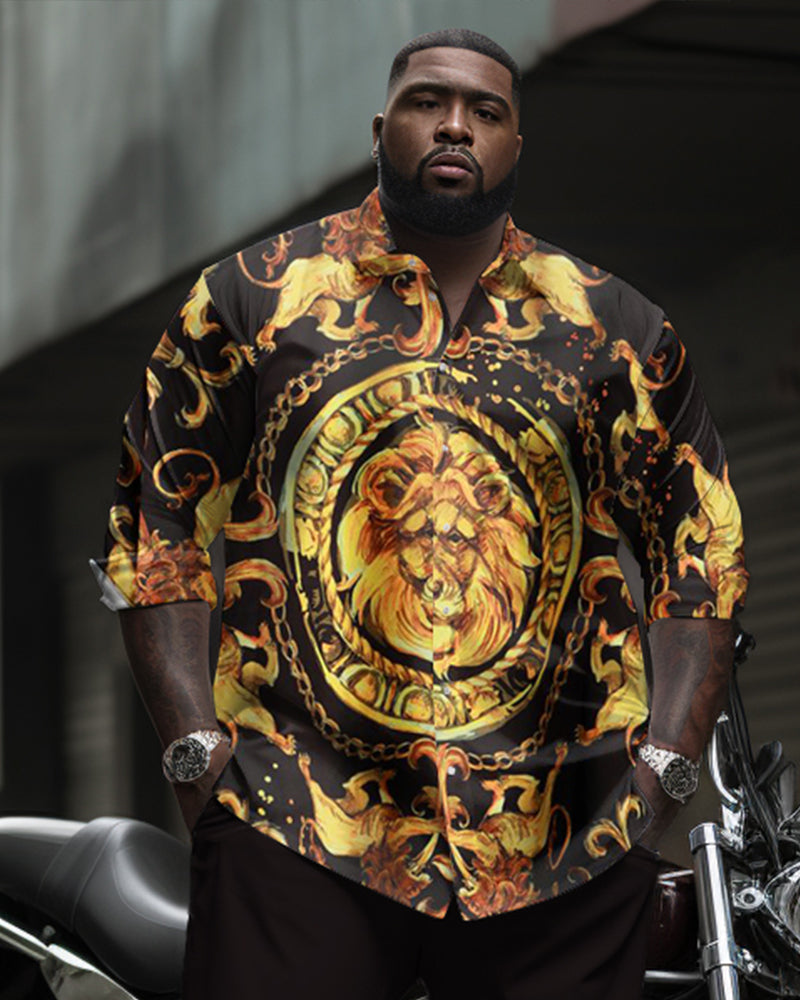 Pattern Lion Head Pattern Long Sleeve Lel Shirt 2 Piece Set Men's Plus Size