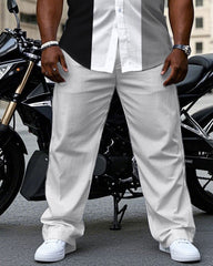Men's Plus Size Classic Black & White & Grey Colorblock Short Sleeve Shirt Trousers Suit