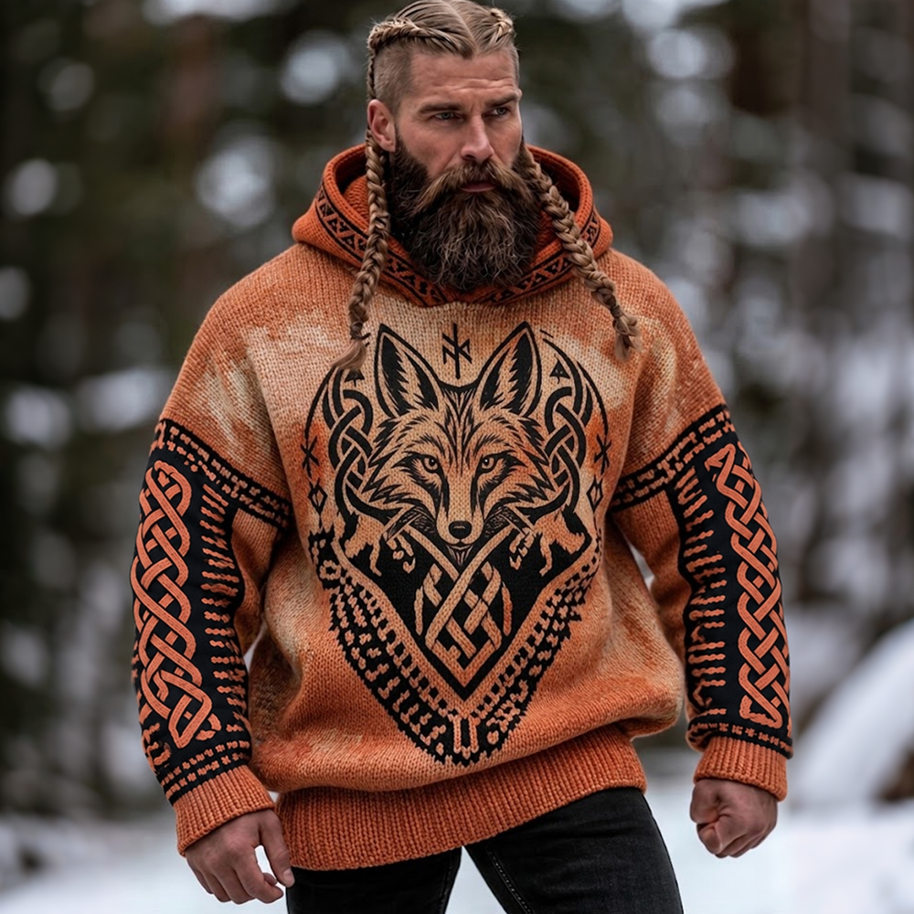 Men's Vintage Viking Fox And Celtic Knot Art Print Hooded Sweater