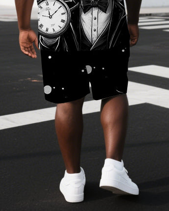 Men's Funny Mr. Rabbit Illustration Back Print Big & Tall Breathable Short-Sleeve T-shirt Shorts Set