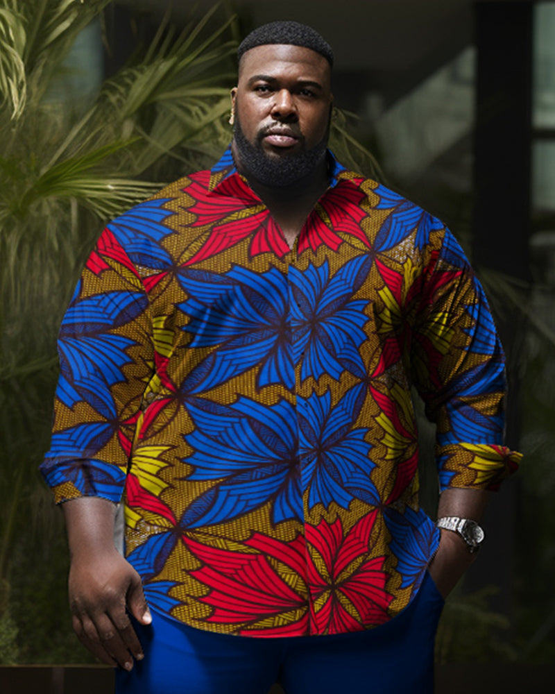 Men's Plus Size Blue Red Color Matching Leaf Long Sleeve Lapel Shirt Two-Piece Set