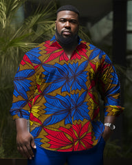 Men's Plus Size Blue Red Color Matching Leaf Long Sleeve Lapel Shirt Two-Piece Set