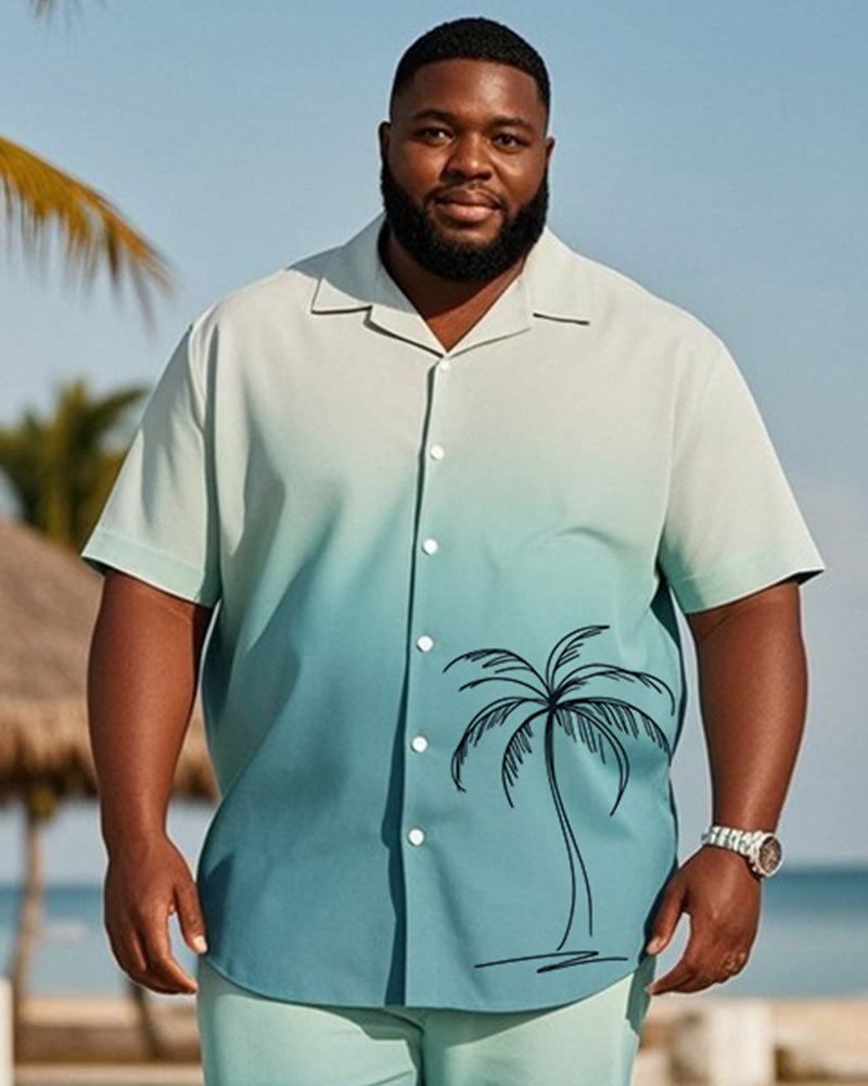 Big & Tall Men's Hawaiian Vacation Blue Gradient Line Coconut Tree Print Shirt Shorts Suit