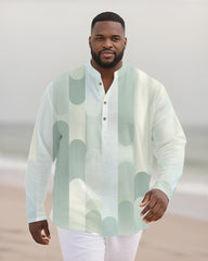 Big & Tall Men's Green Geometric Stripe Print Bamboo Hemp Texture Henry Collar Long Sleeve Shirt