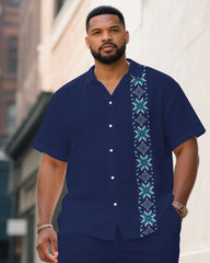 Men's Plus Size Royal Blue Patchwork Bohemian Pattern Short Sleeve Shirt Shorts Suit
