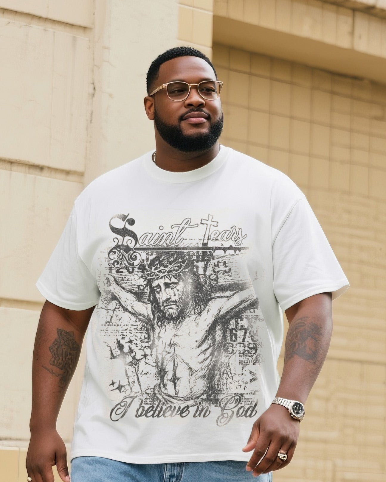 Big & Tall Men's Fashion Street Faith Jesus Short Sleeve T-Shirt Shorts Denim Suit