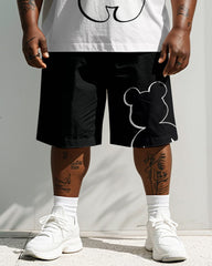 Men's Plus Size Black And White Simple Pen Line Bear Print Short Sleeve T-shirt Shorts Suit