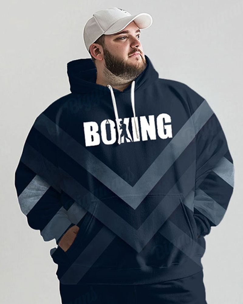 Men's Daily Casual Blue Stripe Boxing Letter Print Big and Tall Hoodie Set