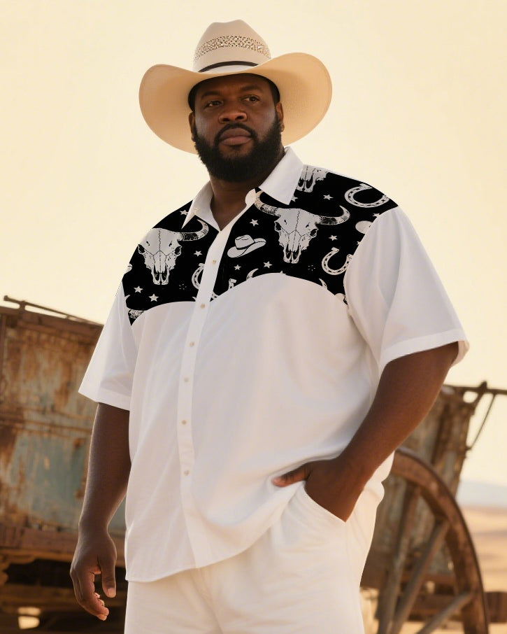 Big Men's Western Theme Ethnic Cartoon Cow Printed Short-Sleeve Shirt Pants Sets