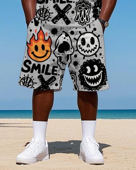 Big Men's Street Fashion Humor Skull Hip Hop Letter Printed Short Sleeve T-Shirt Shorts Set