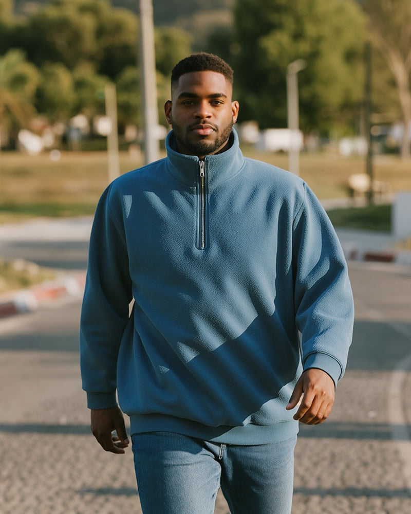 Big & Tall Men's Blue-Fall/Winter Solid Color Polar Fleece Fabric Metal Zipper Collar POLO Long Sleeve