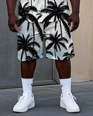 Men's Big Size Hawaiian Fashion Palm Trees Printed Cuban Collar Short Sleeve Shirt Shorts Set
