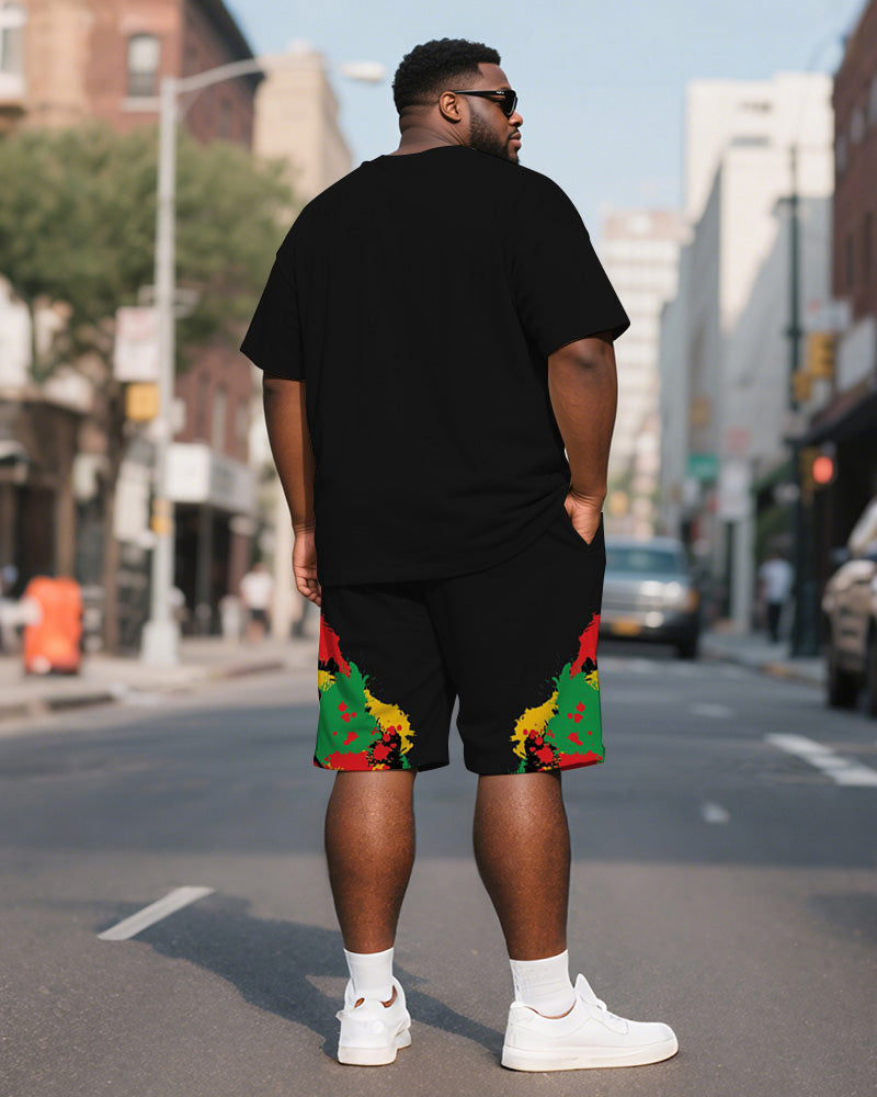 Men's Plus Size Juneteenth Fist Print Henley Collar Short Sleeve T-Shirt Shorts Suit