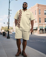 Men's Plus Size Daily Apricot Plaid Alphabet Print Short Sleeve Polo Shirt Shorts Suit