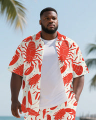 Men's Daily Casual Lobster Printed Big and Tall Short Sleeve Shirt Shorts 2-Piece Set
