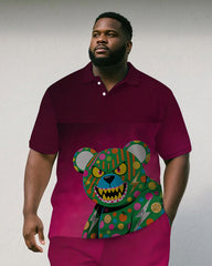 Big & Tall Man's Gradient Cunning Cartoon Bear Printed Short-Sleeve Polo Shirt & Shorts Set