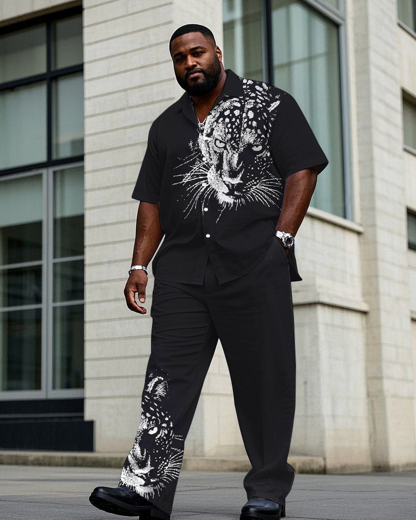 Men's Plus Size Black Purple Shoulder 3D Leopard Print Short Sleeve Shirt Trousers Suit