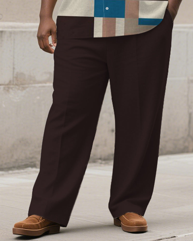 Men's Plus Size Simple Brown Apricot Color-block Striped Printed Short-sleeved Shirt Trousers Suit