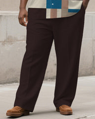 Men's Plus Size Simple Brown Apricot Color-block Striped Printed Short-sleeved Shirt Trousers Suit