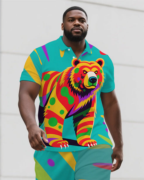 Big Men's Street Fashion Funny Bear Cartoon Casual Short-Sleeve Polo Shirt & Shorts Set