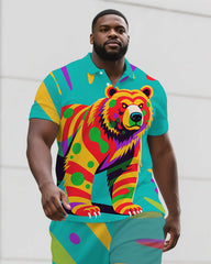 Big Men's Street Fashion Funny Bear Cartoon Casual Short-Sleeve Polo Shirt & Shorts Set