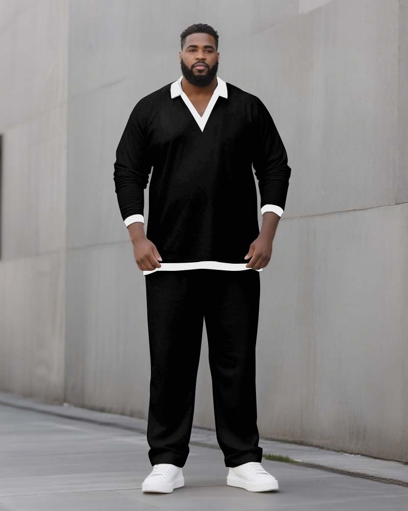 Big & Tall Men's Solid Color POLO V-Neck Long Sleeve Pants Two-Piece Set